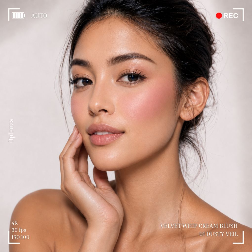 Woman wearing and showcasing the effect of oplenza Velvet Whip cream blush in shade 01 Dusty Veil