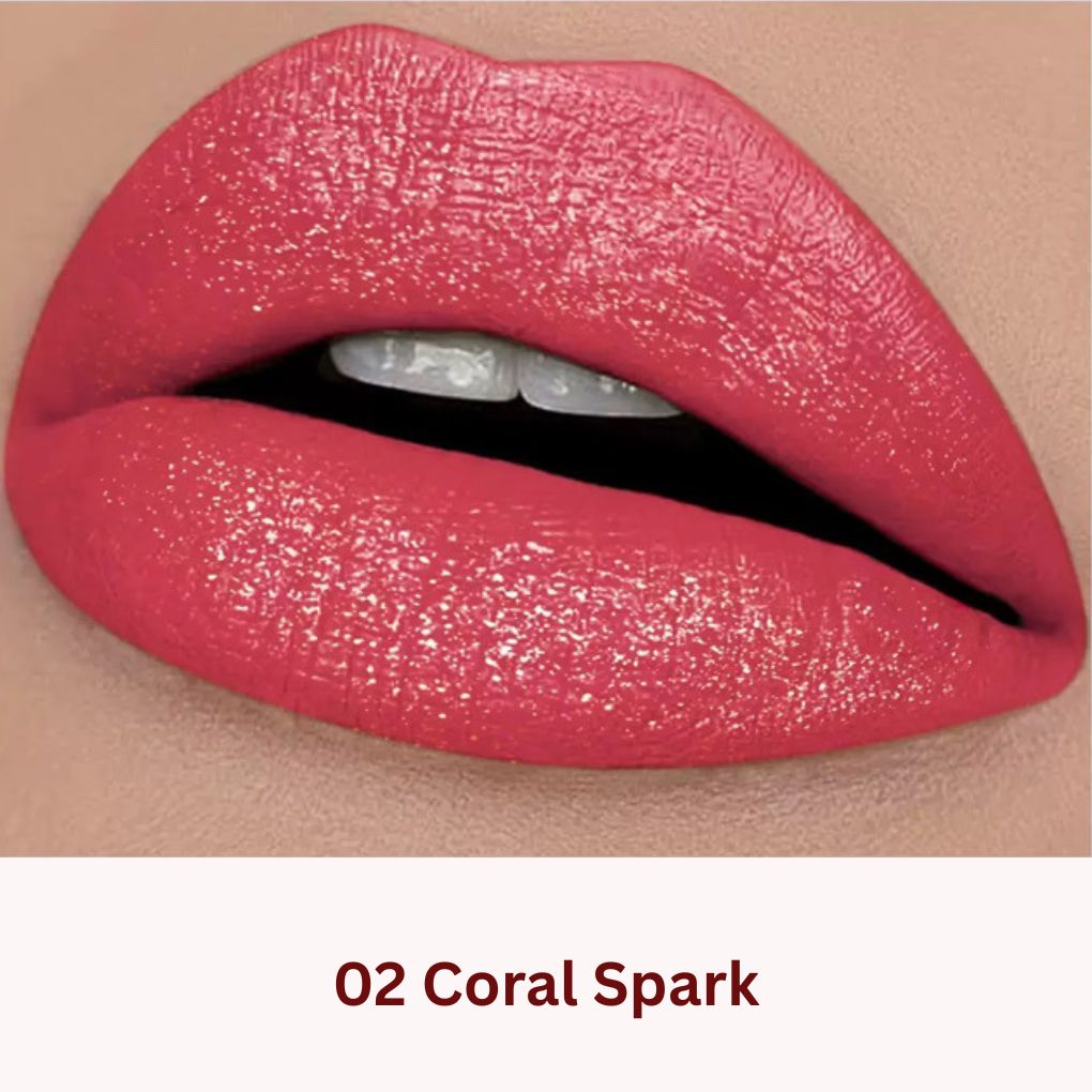 Lip swatch of Oplenza Icon Glitter Lipstick in shade 02 Coral Spark, the best glitter lipstick