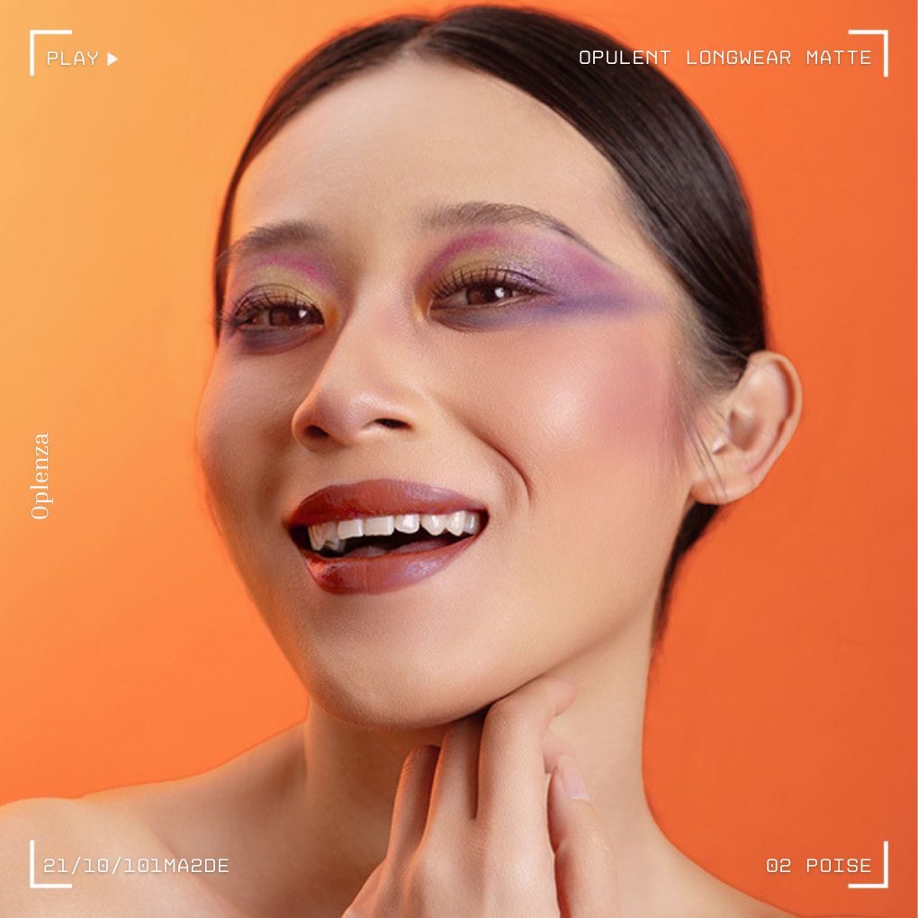 Woman wearing Oplenza Opulent Longwear Matte liquid lipstick in shade 02 Poise - Highly pigmented, waterproof vegan liquid matte with smooth velvety finish