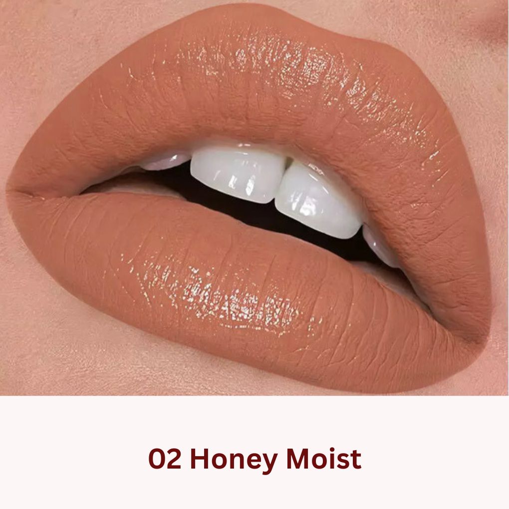 Oplenza Icon Moisture Lipstick in shade 02 Honey Moist - glossy hydrating lipstick on lips