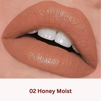 Oplenza Icon Moisture Lipstick in shade 02 Honey Moist - glossy hydrating lipstick on lips