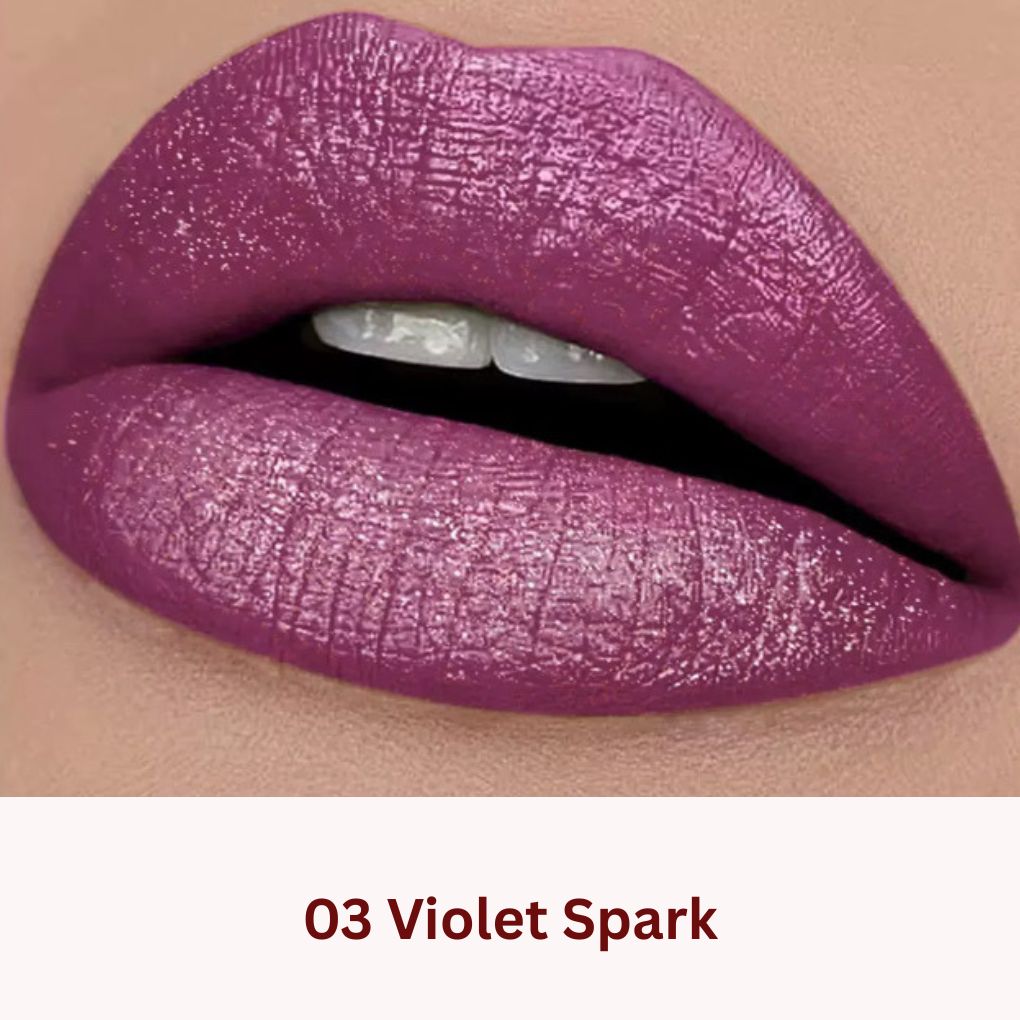 Lip swatch of Oplenza Icon Glitter Lipstick in shade 03 Violet Spark, the best glitter lipstick