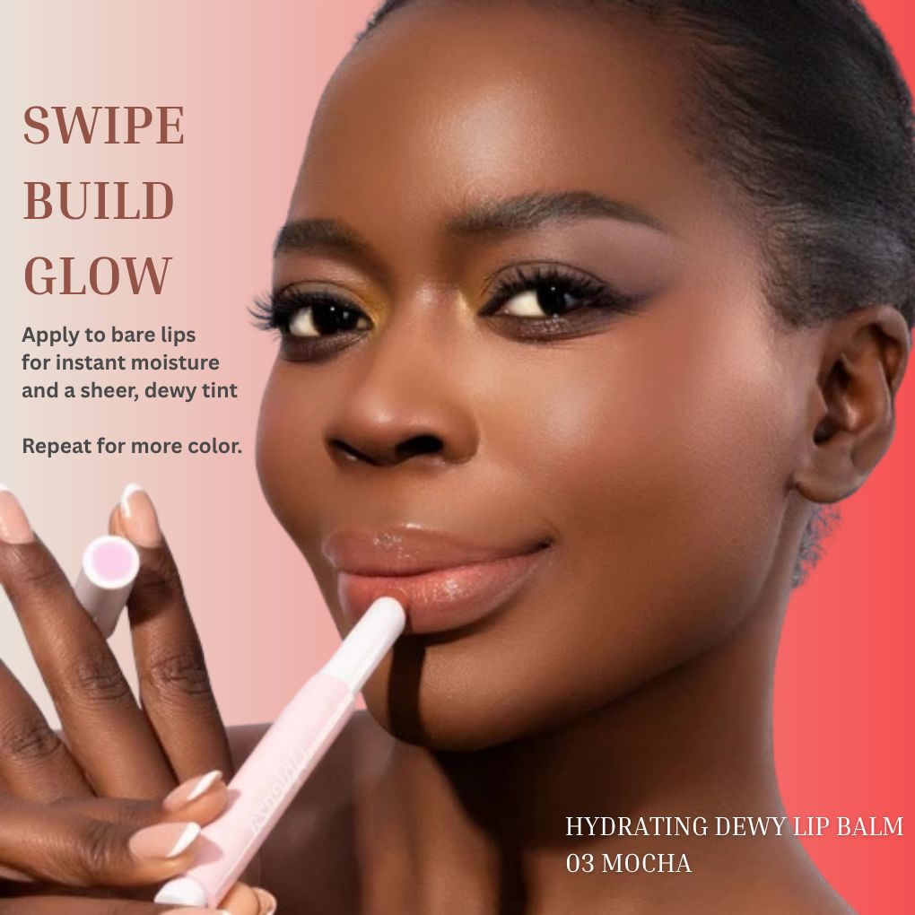 Model wearing Oplenza Hydrating Dewy Lip Balm in Shade 03 Mocha with glossy dewy finish.