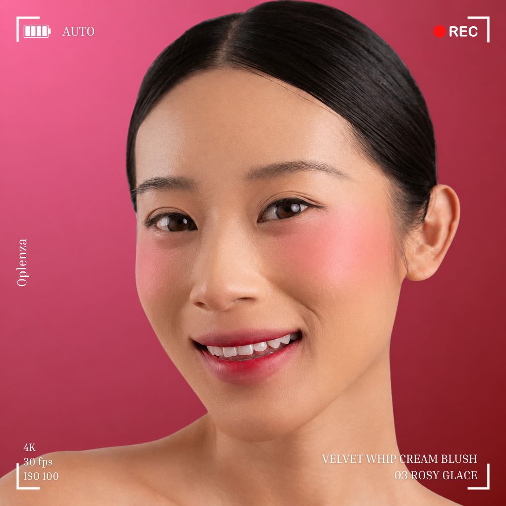 Woman wearing and showcasing the effect of oplenza Velvet Whip cream blush in shade 03 Rosy Glacé