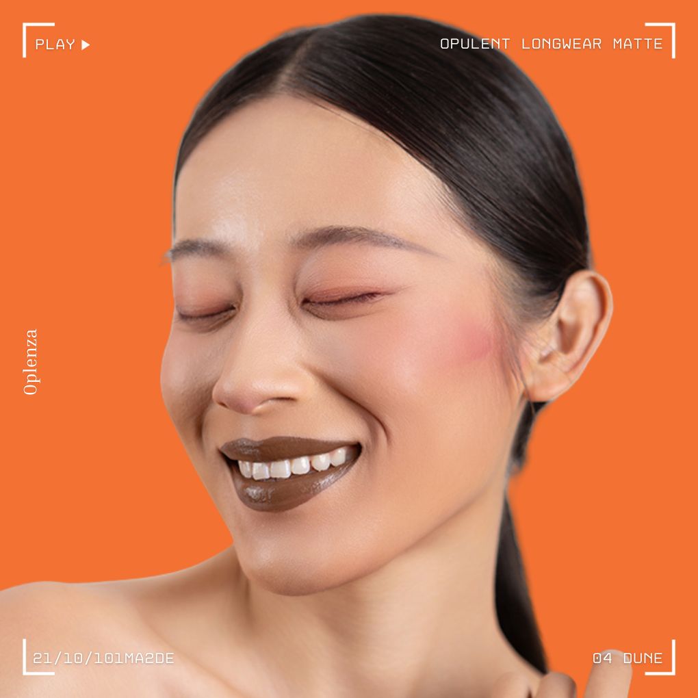 Woman wearing Oplenza Opulent Longwear Matte liquid lipstick in shade 04 Dune - Highly pigmented, waterproof vegan liquid matte with smooth velvety finish