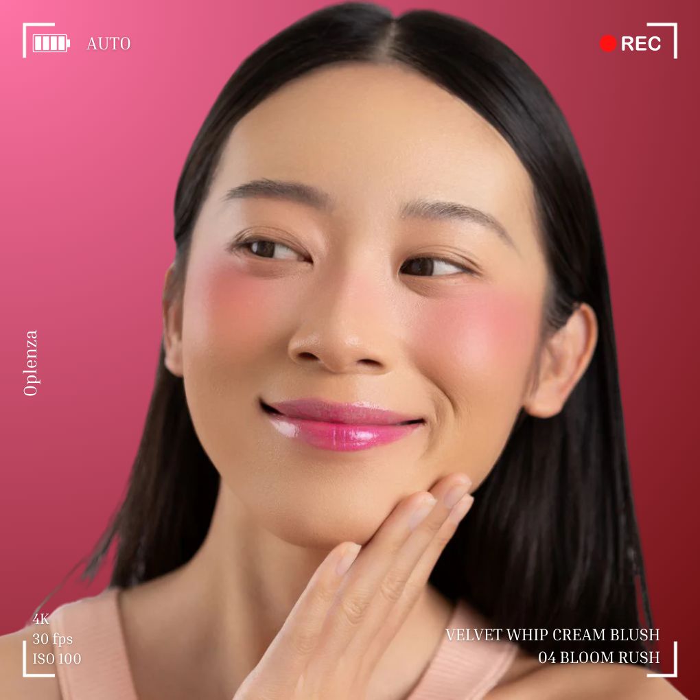 Woman wearing and showcasing the effect of oplenza Velvet Whip cream blush in shade 04 Bloom Rush