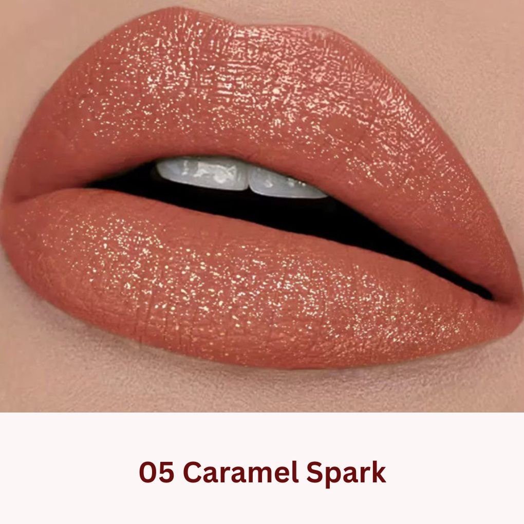 Lip swatch of Oplenza Icon Glitter Lipstick in shade 05 Caramel Spark, the best glitter lipstick