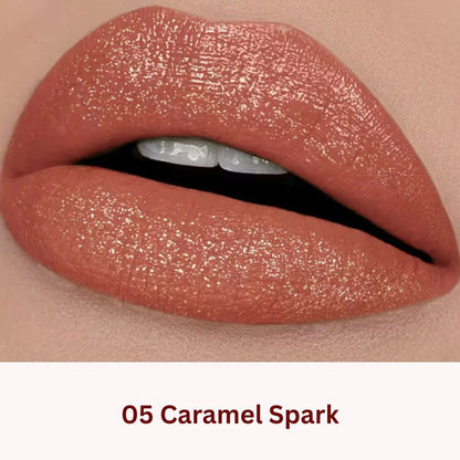 Lip swatch of Oplenza Icon Glitter Lipstick in shade 05 Caramel Spark, the best glitter lipstick