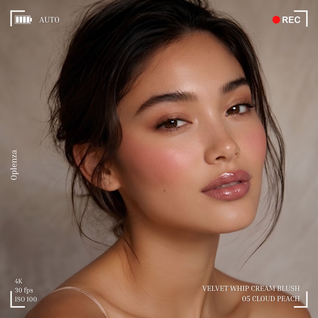 Woman wearing and showcasing the effect of oplenza Velvet Whip cream blush in shade 05 Cloud Peach