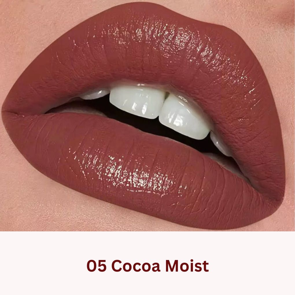 Oplenza Icon Moisture Lipstick in shade 05 Cocoa Moist - the best glossy hydrating lipstick on lips