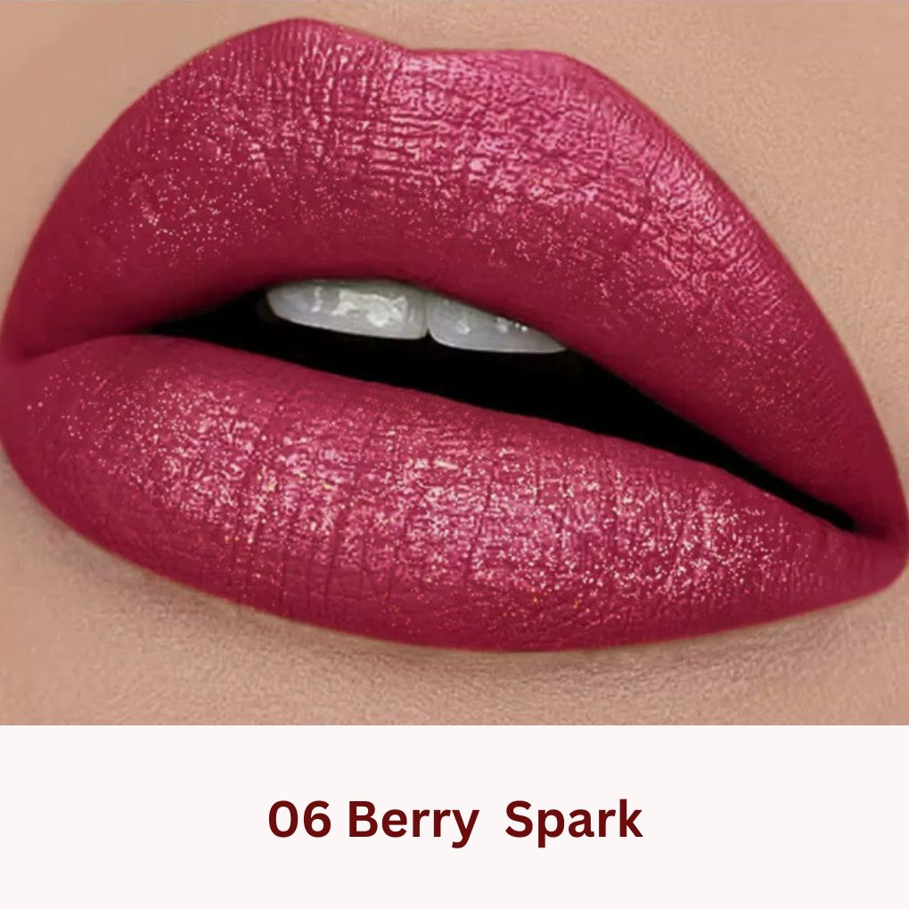 Lip swatch of Oplenza Icon Glitter Lipstick in shade 06 Berry Spark, the best glitter lipstick