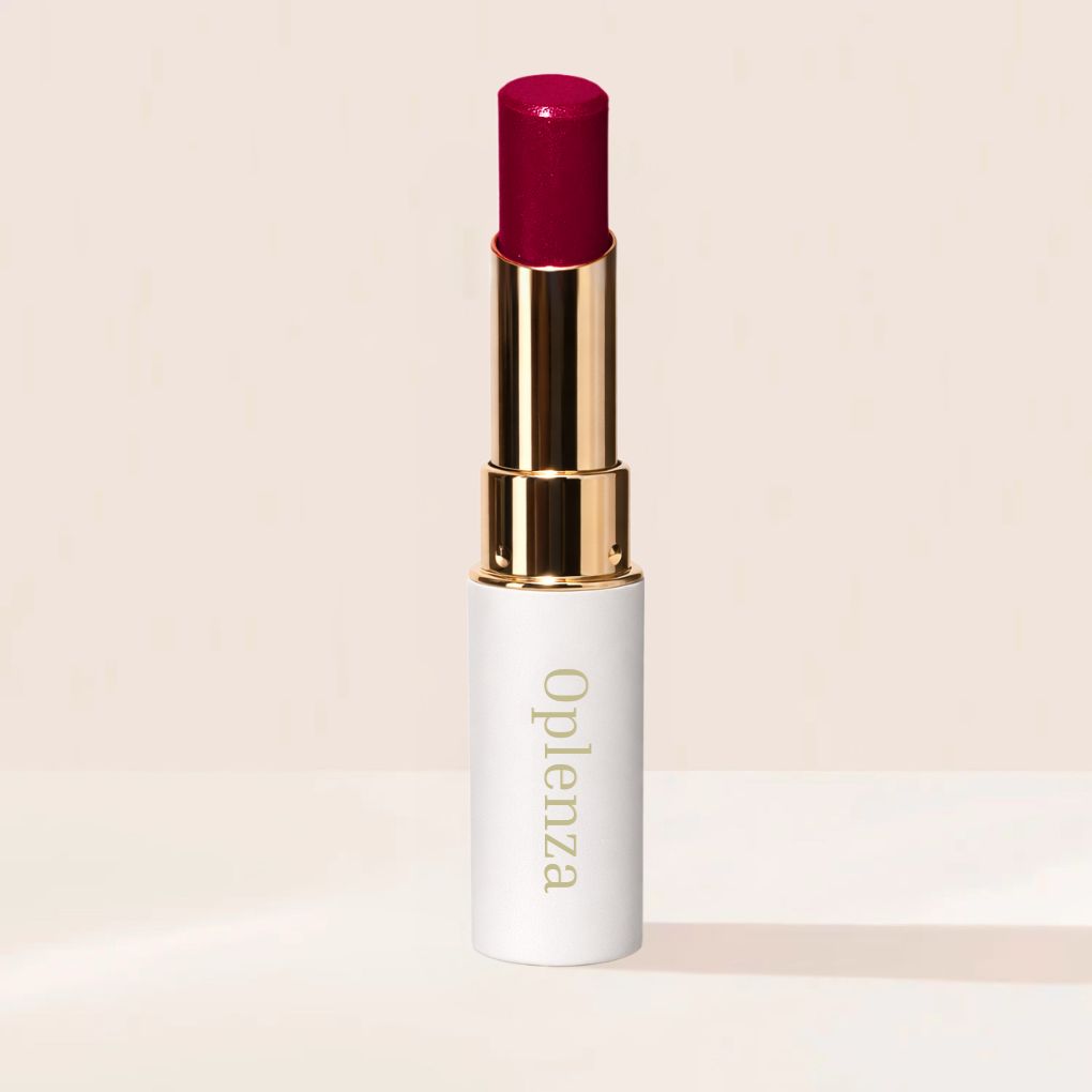 Oplenza Icon Glitter Lipstick in shade 06 Berry Spark, the best red glitter lipstick, hydrating with lip loving ingredients.