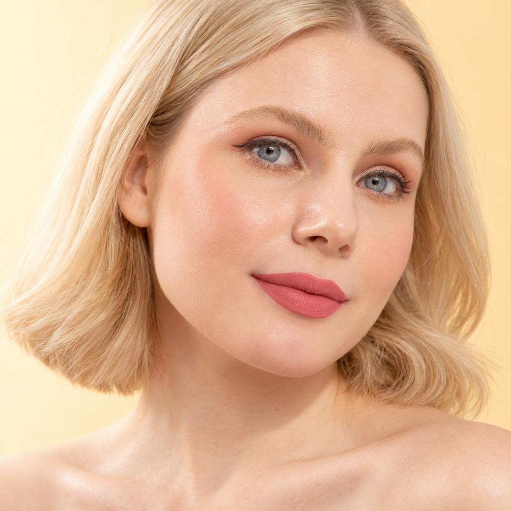 Model wearing Oplenza Signature Longwear Matte Lipstick in 06 Mauve, the best makeup liquid matte lipstick
