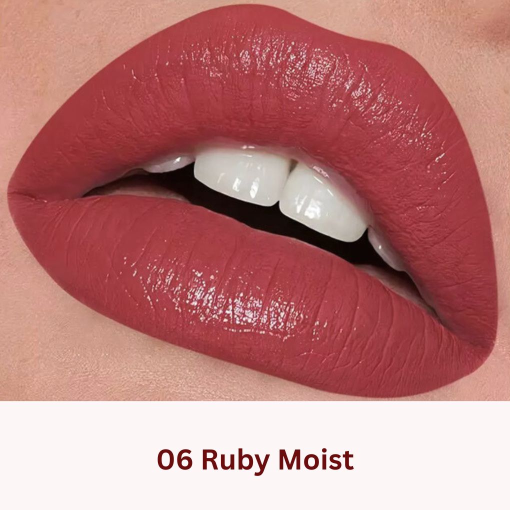 Oplenza Icon Moisture Lipstick in shade 06 Ruby Moist - the best glossy hydrating lipstick on lips