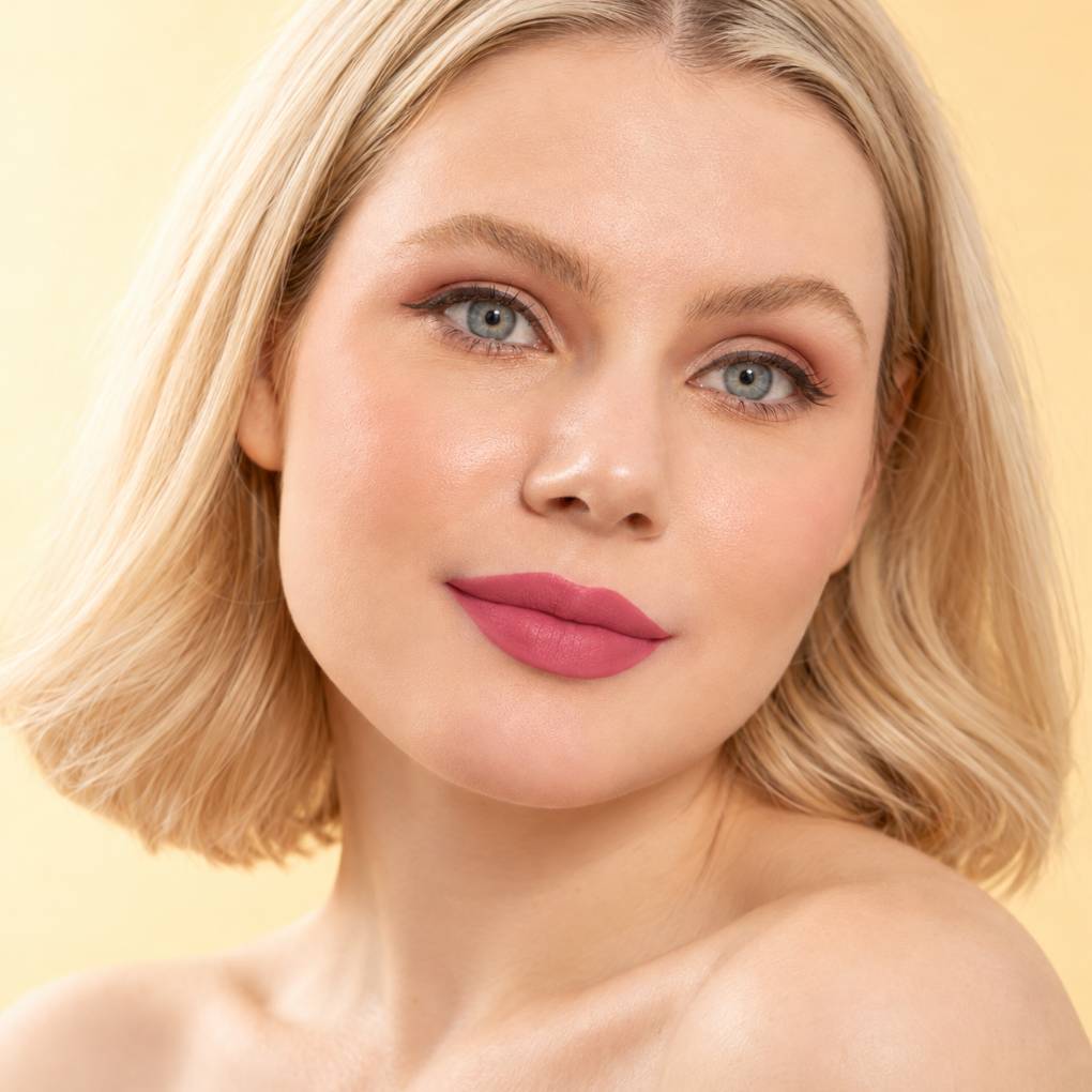 Close-up portrait of a blonde woman with blue eyes wearing pink lipstick, shade: 07 Cannelle, against a soft warm beige background.