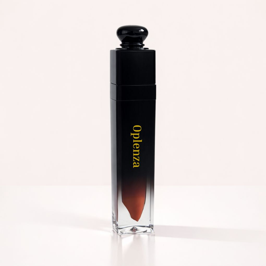 Oplenza Signature Ultra Shine Lip Gloss in 08 Caramel, showing the tube on a neutral background, high-shine shimmer lip gloss
