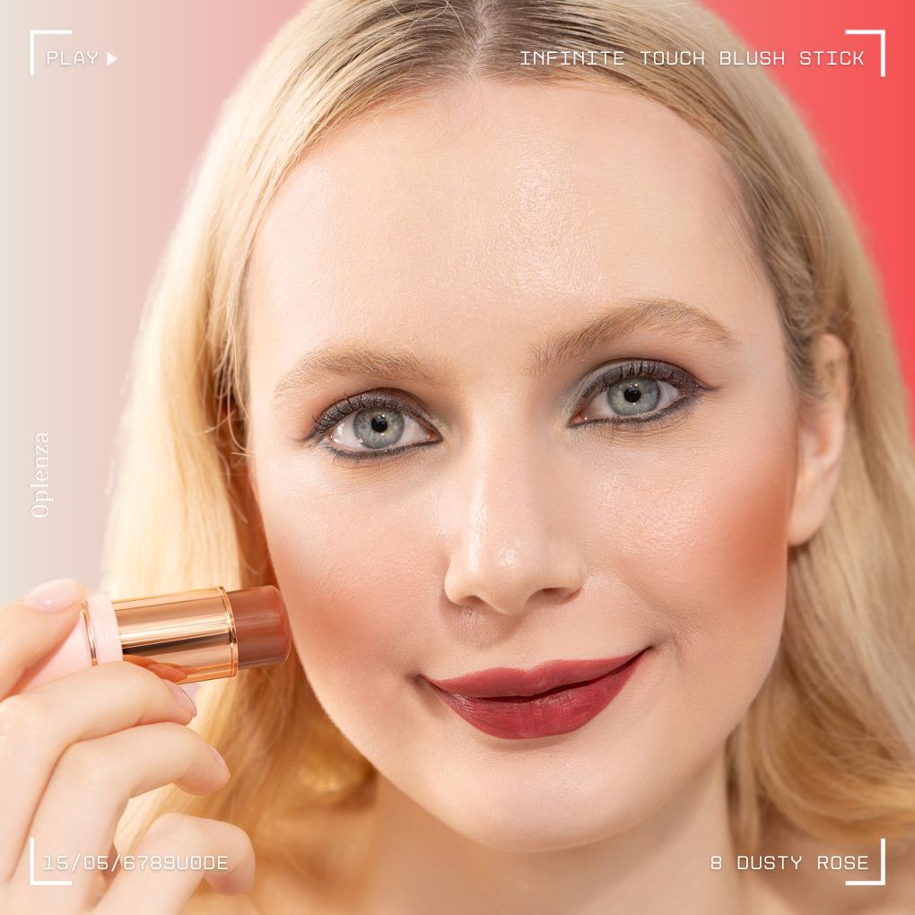 A woman showcasing and wearing on her cheek Oplenza highly pigmented, bold color Blush Stick-08 Dusty Rose