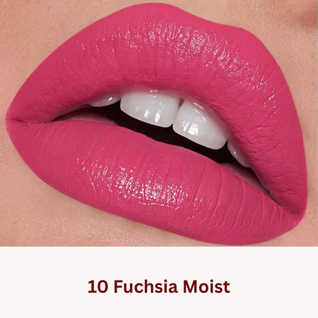 Oplenza Icon Moisture Lipstick in shade 10 Fuchsia Moist - the best glossy hydrating lipstick on lips