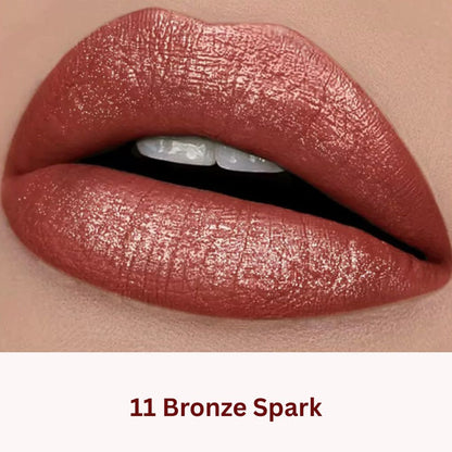 Lip swatch of Oplenza Icon Glitter Lipstick in shade 11 Bronze Spark, the best glitter lipstick