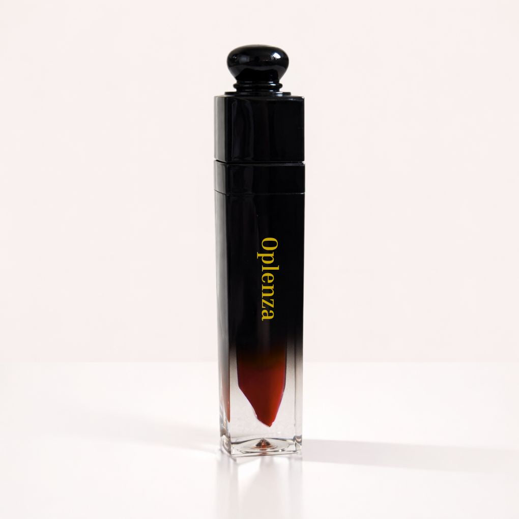 Oplenza Signature Longwear Matte Lipstick in 12 Bordeaux, a red liquid lipstick in a black and clear tube.
