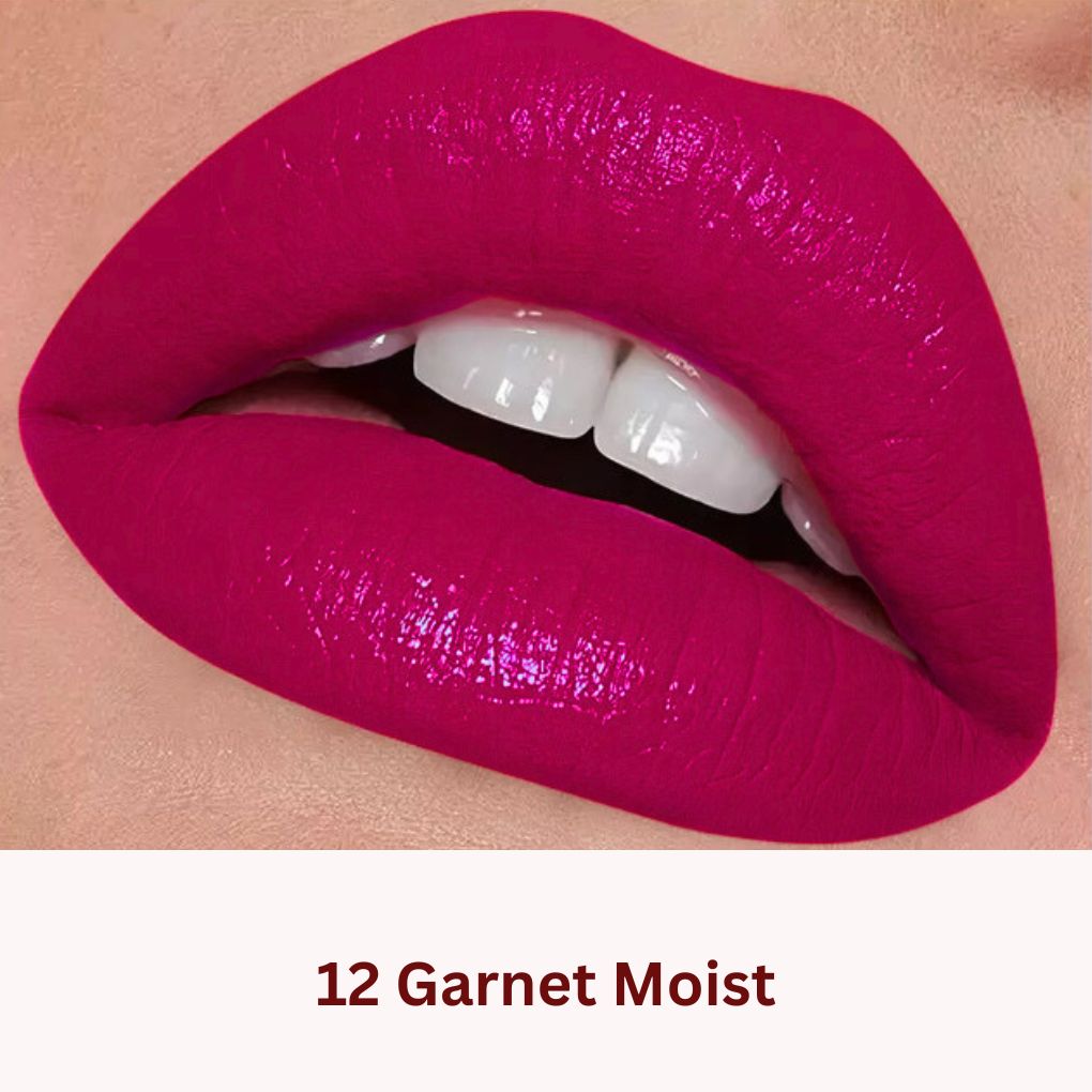 Oplenza Icon Moisture Lipstick in shade 12 Garnet Moist - the best glossy hydrating lipstick on lips