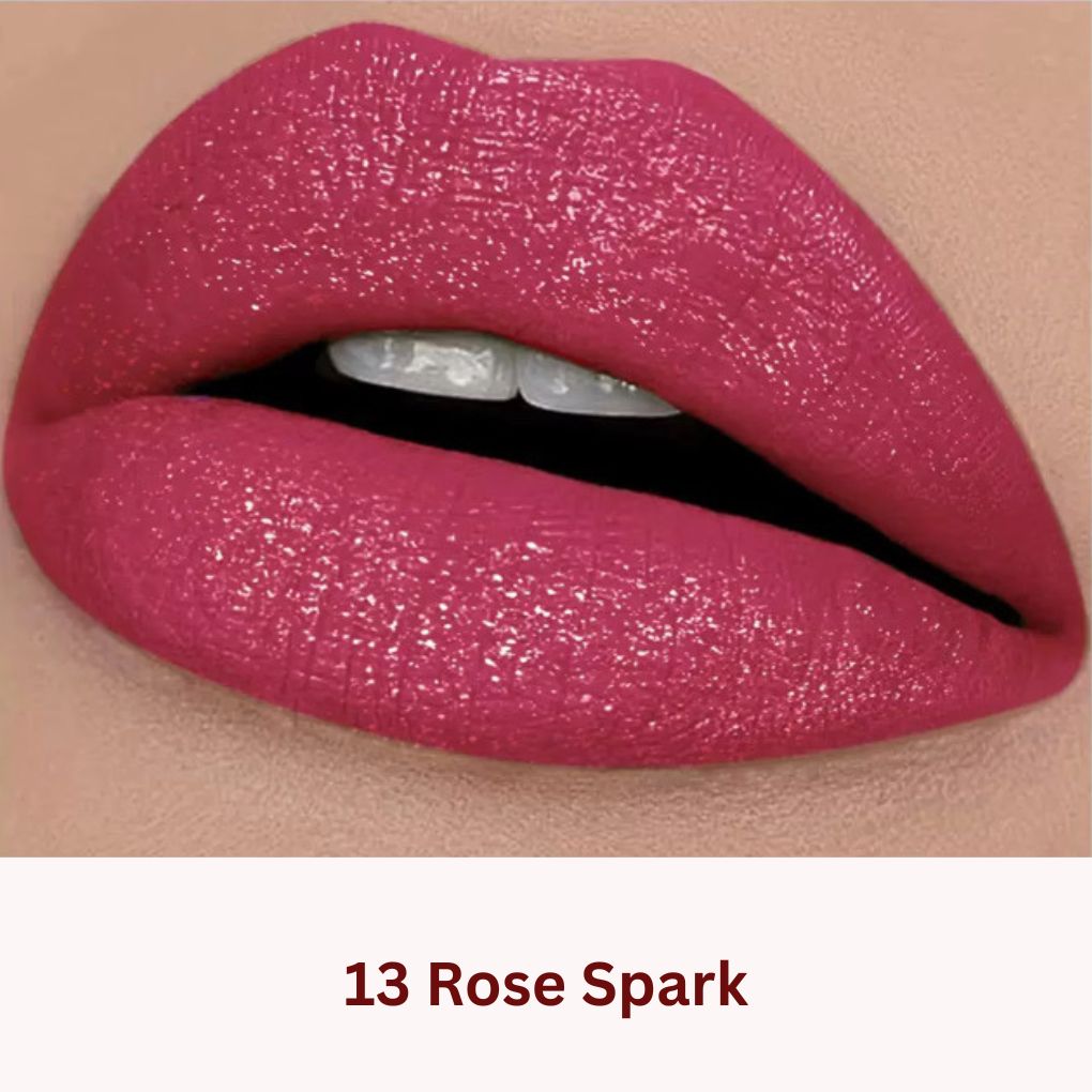 Lip swatch of Oplenza Icon Glitter Lipstick in shade 13 Rose Spark, the best glitter lipstick