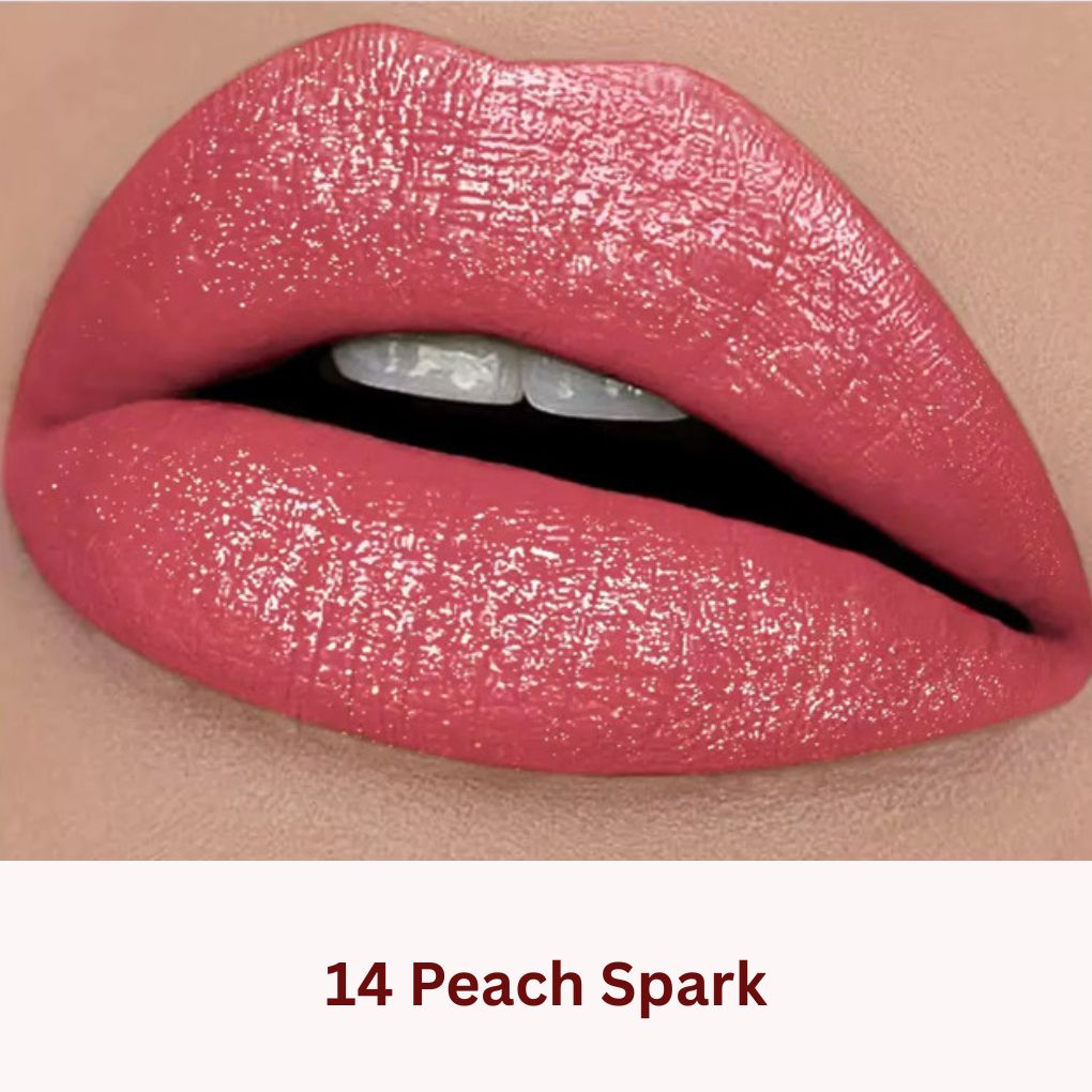 Lip swatch of Oplenza Icon Glitter Lipstick in shade 14 Peach Spark, the best glitter lipstick