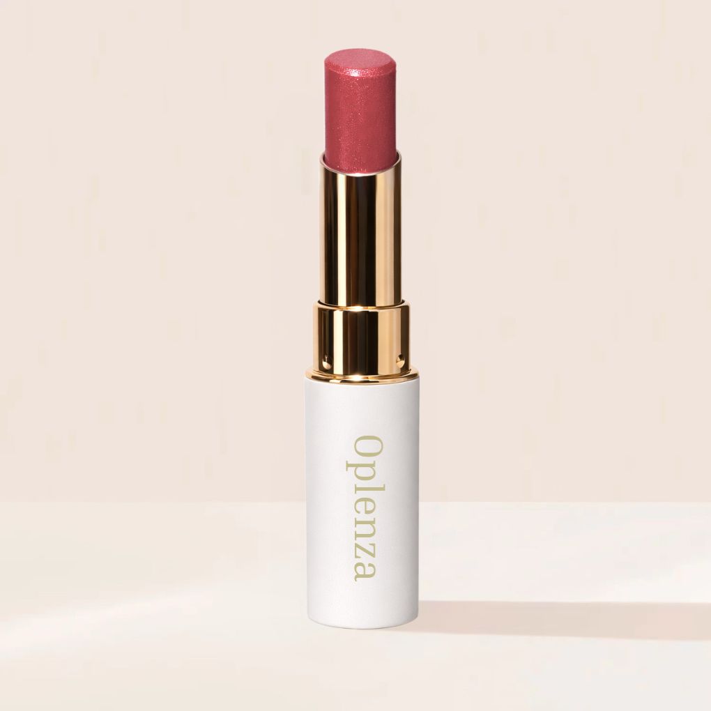 Oplenza Icon Glitter Lipstick in shade 14 Peach Spark, the best peach nude glitter lipstick for makeup, hydrating with lip loingv ingredients.