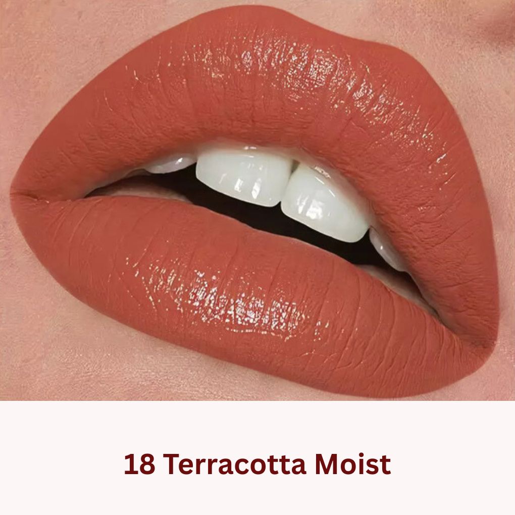 Oplenza Icon Moisture Lipstick in shade 18 Terracotta Moist - the best glossy hydrating lipstick on lips