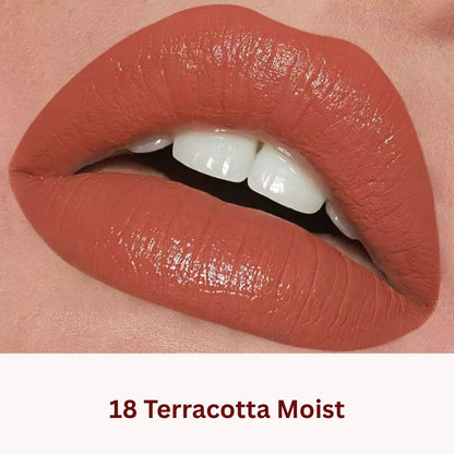 Oplenza Icon Moisture Lipstick in shade 18 Terracotta Moist - the best glossy hydrating lipstick on lips