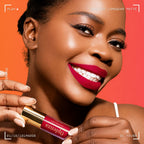 Woman wearing Oplenza Opulent Longwear Matte liquid lipstick in shade 21 Fever - Highly pigmented, waterproof vegan liquid matte with smooth velvety finish