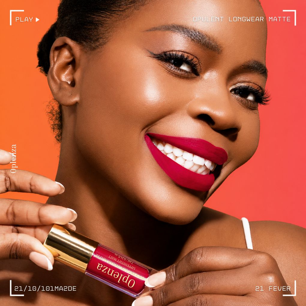 Woman wearing Oplenza Opulent Longwear Matte liquid lipstick in shade 21 Fever - Highly pigmented, waterproof vegan liquid matte with smooth velvety finish