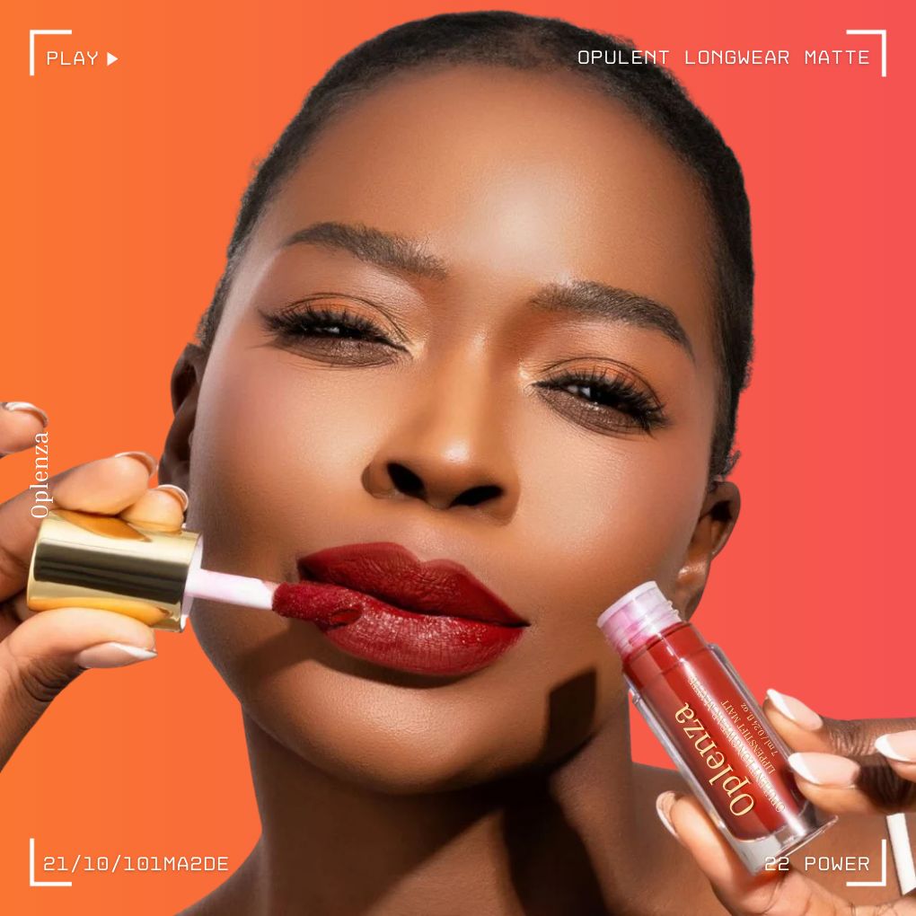 Woman wearing Oplenza Opulent Longwear Matte liquid lipstick in shade 28 Power - Highly pigmented, waterproof vegan liquid matte lipstick
