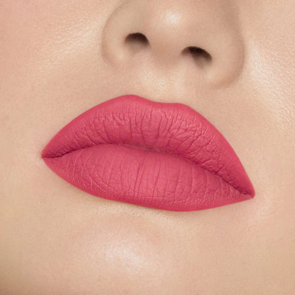 Close-up of model wearing oplenza Icon Matte Lipstick in shade 22 Rosy Icon, best matte lipstick for fair skin