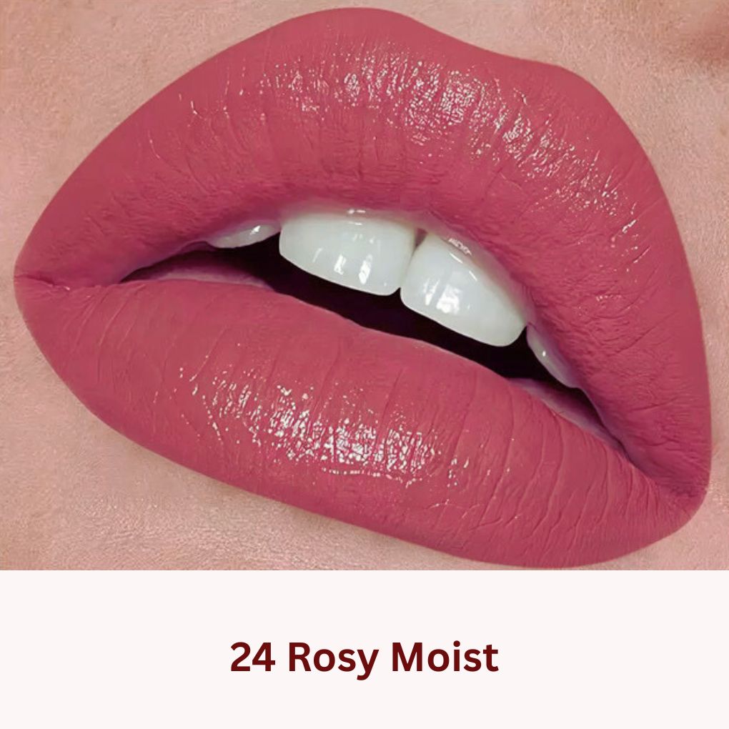 Oplenza Icon Moisture Lipstick in shade 24 Rosy Moist - the best glossy hydrating lipstick on lips