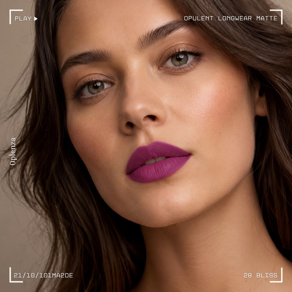 Woman wearing Oplenza Opulent Longwear Matte liquid lipstick in shade 28 Bliss - Highly pigmented, waterproof vegan liquid matte lipstick