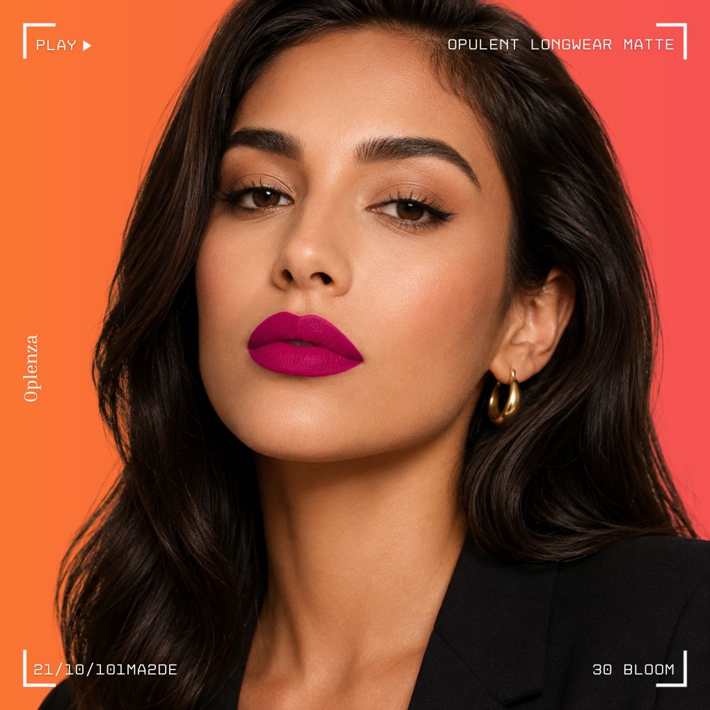 Woman wearing Oplenza Opulent Longwear Matte liquid lipstick in shade 30 Bloom - Highly pigmented, waterproof vegan liquid matte lipstick