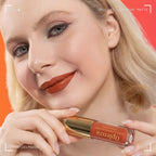 Woman wearing Oplenza Opulent Longwear Matte liquid lipstick in shade 37 Spice - Highly pigmented, waterproof vegan liquid matte lipstick