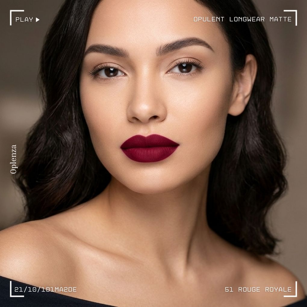 Woman wearing Oplenza Opulent Longwear Matte liquid lipstick in shade 51 Rouge Royale - Highly pigmented, waterproof vegan liquid matte lipstick