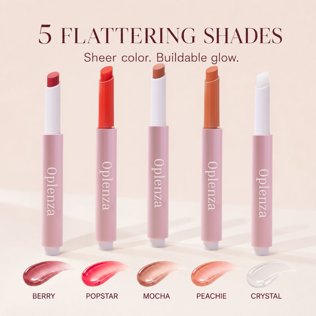 Oplenza Hydrating Dewy Lip Balm shade range with moisturizing dewy lip colors.
Shades: 10 Berry, 06 Popstar, 03 Mocha, 05 Peachie, 04 Crystal.