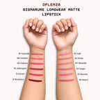 Oplenza Signature Longwear Matte Lipstick arm swatches showing pink, purple, brown, red, rose peach colors with shades: 
01 Tulle
02 Peche
03 Almande
04 Taupe
05 Rosette
06 Mauve
07 Cannelle
08 Coraline
09 Violette
10 Aubergine
11 Garnet
12 Bordeaux