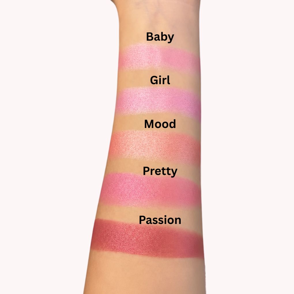 Oplenza Luminous Pressed Powder Blush swatches on arm -'Baby', 'Girl', 'Mood', 'Pretty', 'Passion' 