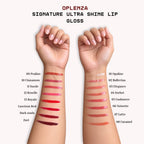 Arm swatch of Oplenza Signature Ultra Shine Lip Gloss in shades: 
01 Opaline  
02 Ballerina  
03 Elegance  
04 Sorbet  
05 Cashmere  
06 Noisette  
07 Latte  
08 Caramel  
09 Praline  
10 Cinnamon  
11 Suede  
12 Roselle  
13 Royale  
Luscious Red  
Dark Souls  
Zuri
on fair skin.