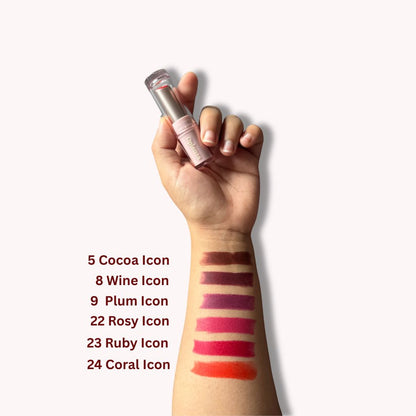 Arm swatch of Oplenza Icon Matte Lipstick incl. shades 05 Cocoa Icon, 08 Wine Icon, 09 Plum Icon, 22 Rosy Icon, 23 Ruby Icon, 24 Coral Icon