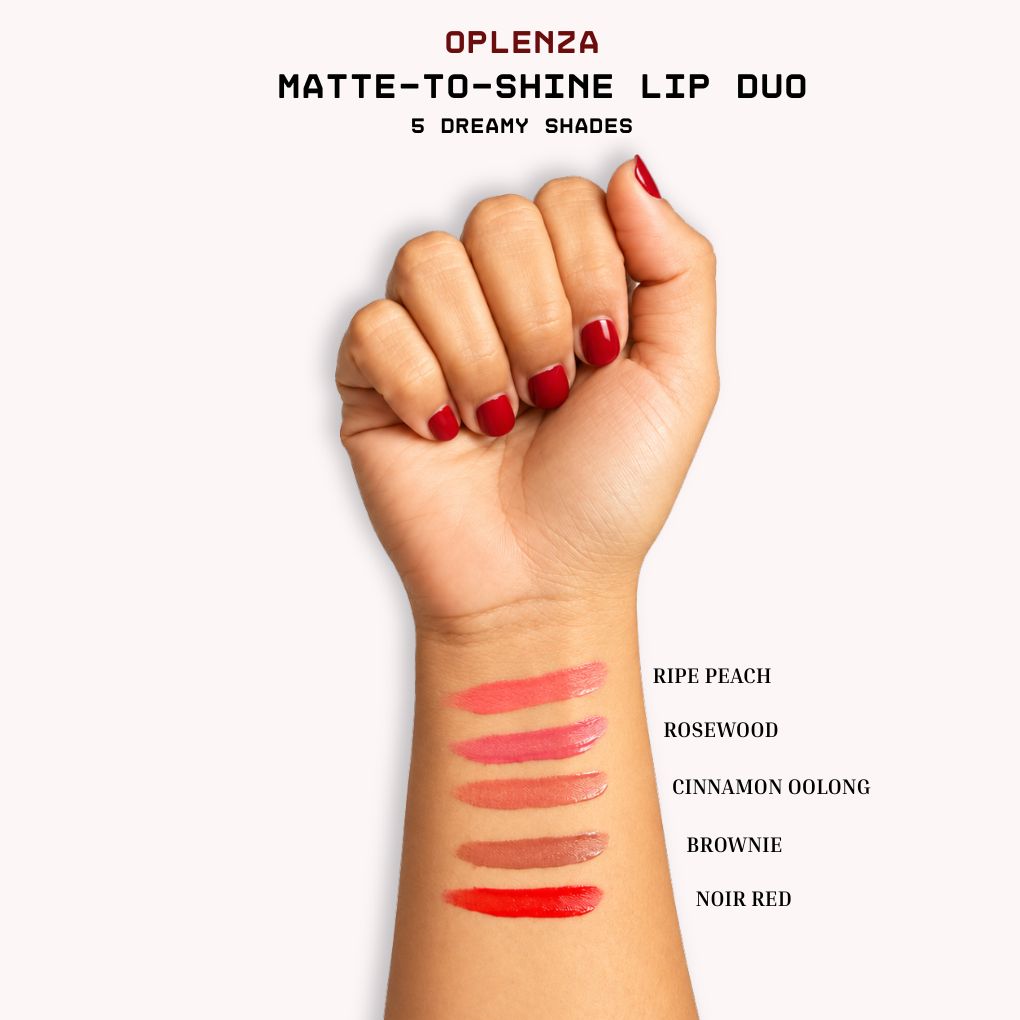 Oplenza Matte-to-Shine Lip Duo arm swatches comparing Ripe Peach, Rosewood, Cinnamon Oolong, Brownie, Noir Red on a tan skin.