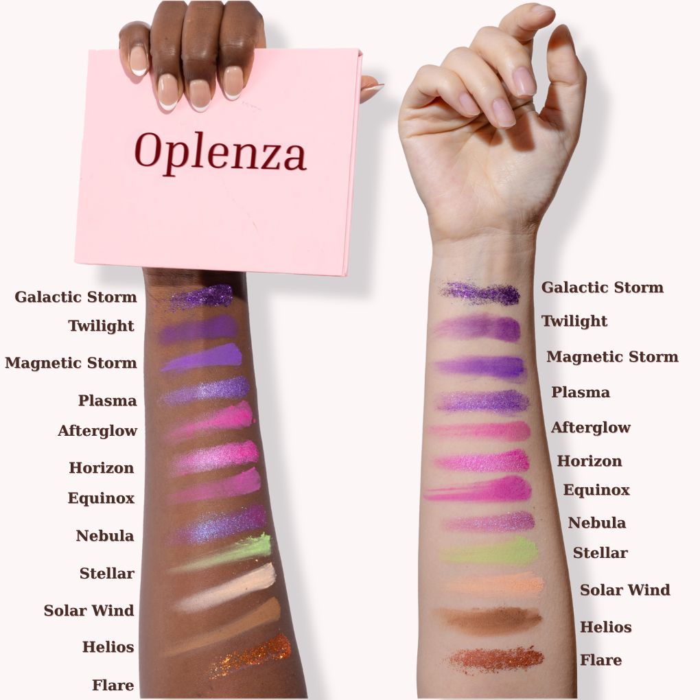 Arm swatches of Oplenza Signature Shades Palette - Aurora Rush, lasting formula, skin-friendly, lightweight eyeshadow palette for a radiant, long-lasting makeup look