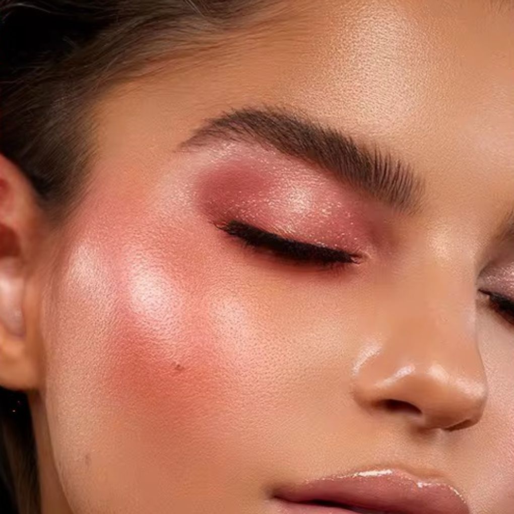 Oplenza Luminous Pressed Powder Blush compact in shade Baby-Radiant powder blush applied on cheeks, eyelid.