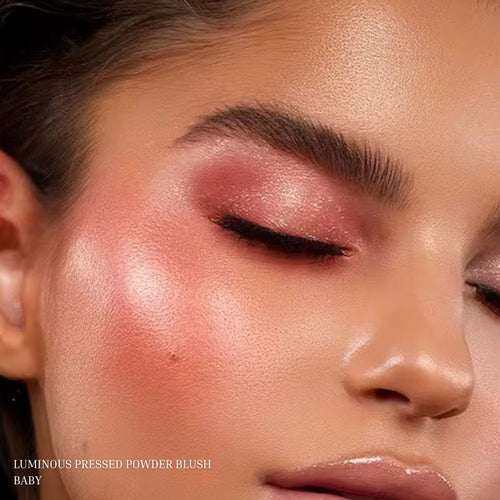 Oplenza Luminous Pressed Powder Blush compact in shade Baby-Radiant powder blush applied on cheeks, eyelid.