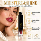 Oplenza Signature Ultra Shine Lip Gloss benefits graphic highlighting shine, moisture, shea butter and vitamin E, Veagn and Cruelty free.
Shades: 
01 Opaline  
02 Ballerina  
03 Elegance  
04 Sorbet  
05 Cashmere  
06 Noisette  
07 Latte  
08 Caramel  
09 Praline  
10 Cinnamon  
11 Suede  
12 Roselle  
13 Royale  
Luscious Red  
Dark S