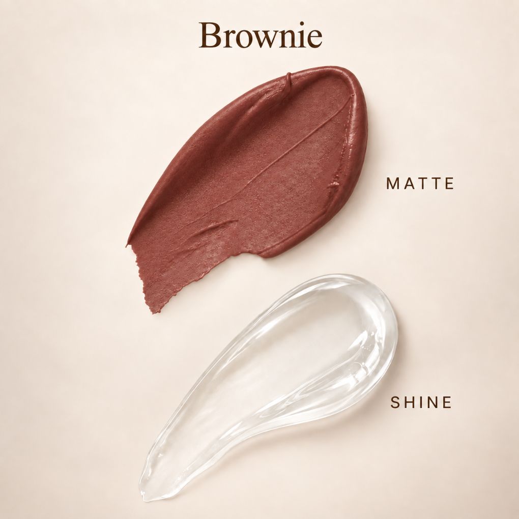Oplenza Matte-to-Shine Lip Duo in Brownie, showing a brown and clear gloss lipstick swatch.